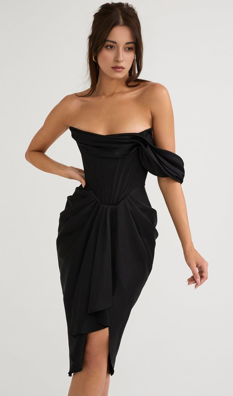 SATIN CORSET MIDI DRESS IN BLACK