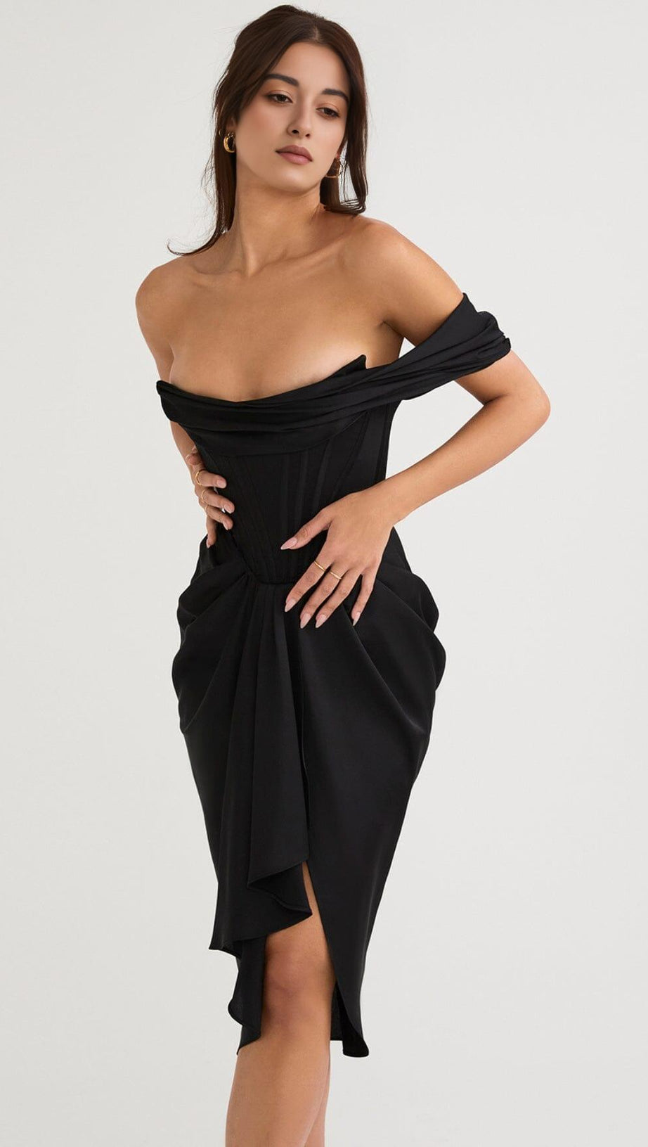 SATIN CORSET MIDI DRESS IN BLACK