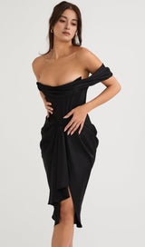 SATIN CORSET MIDI DRESS IN BLACK