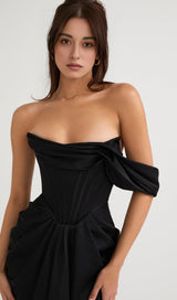 SATIN CORSET MIDI DRESS IN BLACK