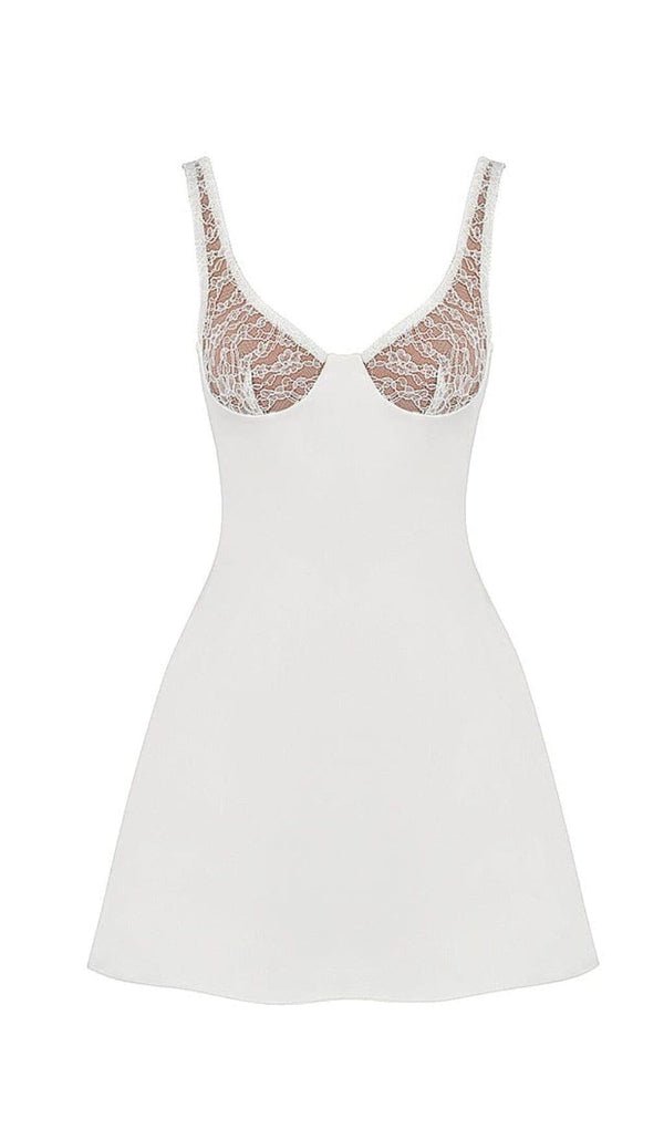 SATIN AND LACE MINI DRESS IN WHITE