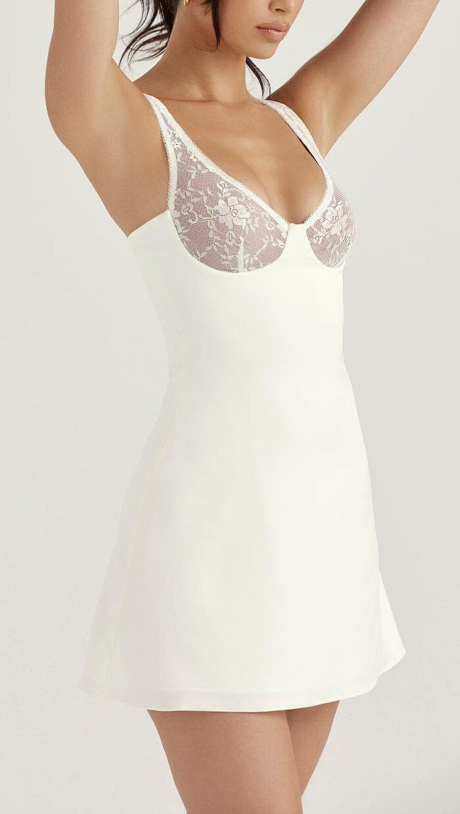 SATIN AND LACE MINI DRESS IN WHITE