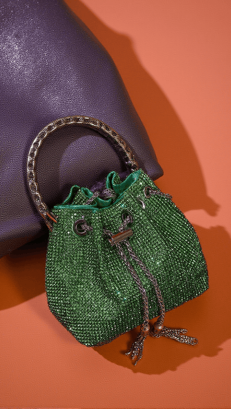 MATTEA CRYSTAL EMBELLISHED BUCKET BAG IN GREEN
