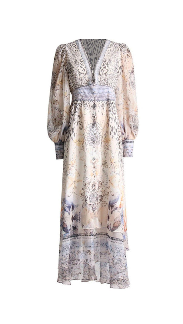 AIIZIE LONG SLEEVE DEEP V-NECK LEOPARD PATTERN WRAPPED WAIST MAXI DRESS - product image