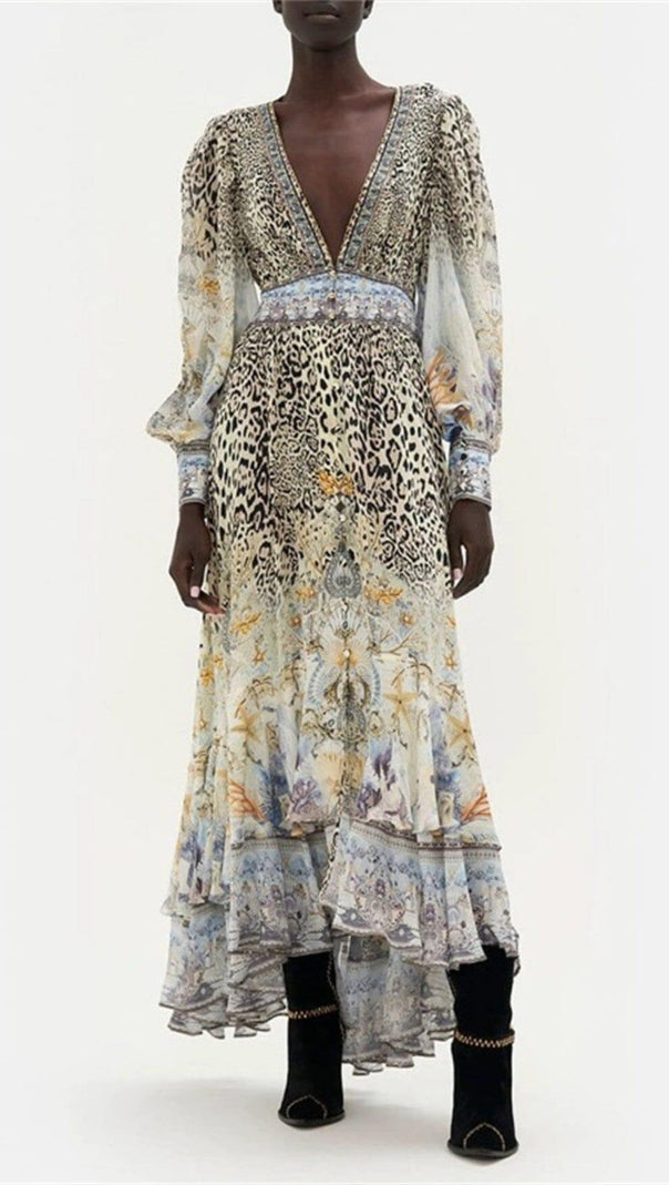 AIIZIE LONG SLEEVE DEEP V-NECK LEOPARD PATTERN WRAPPED WAIST MAXI DRESS - product image