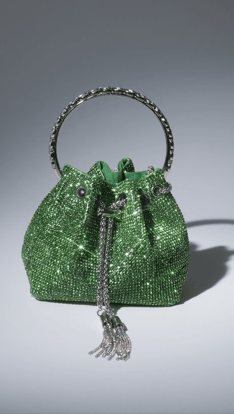 MATTEA CRYSTAL EMBELLISHED BUCKET BAG IN GREEN