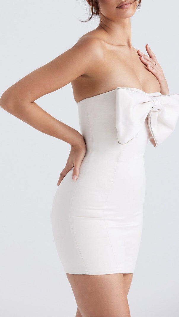 AIIZIE IVORY SATIN CRYSTAL EMBELLISHED BOW DRESS - product image