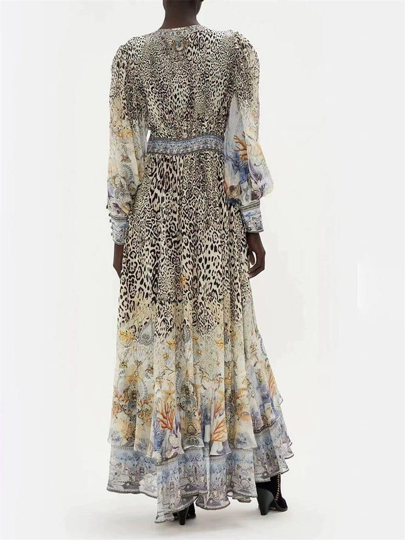 AIIZIE LONG SLEEVE DEEP V-NECK LEOPARD PATTERN WRAPPED WAIST MAXI DRESS - product image