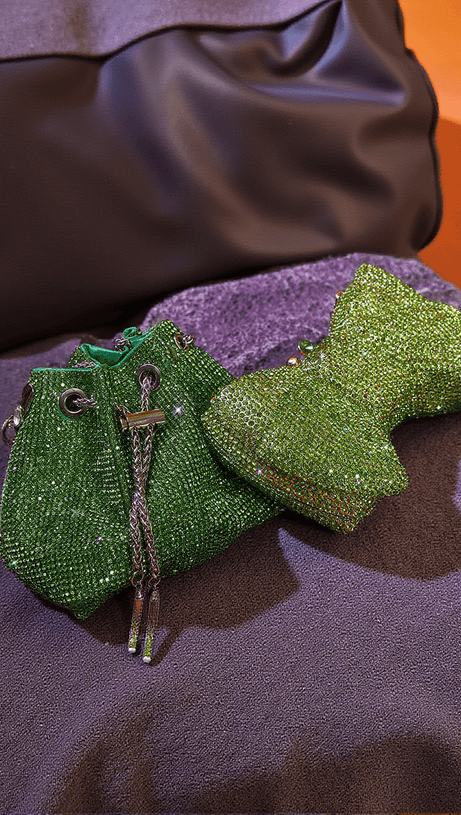 MATTEA CRYSTAL EMBELLISHED BUCKET BAG IN GREEN