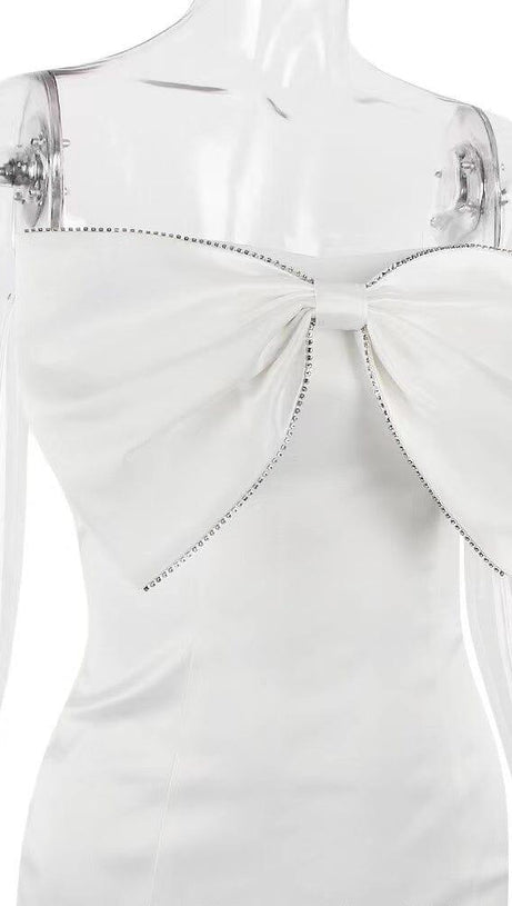 IVORY SATIN CRYSTAL EMBELLISHED BOW DRESS