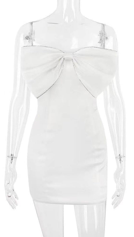 IVORY SATIN CRYSTAL EMBELLISHED BOW DRESS