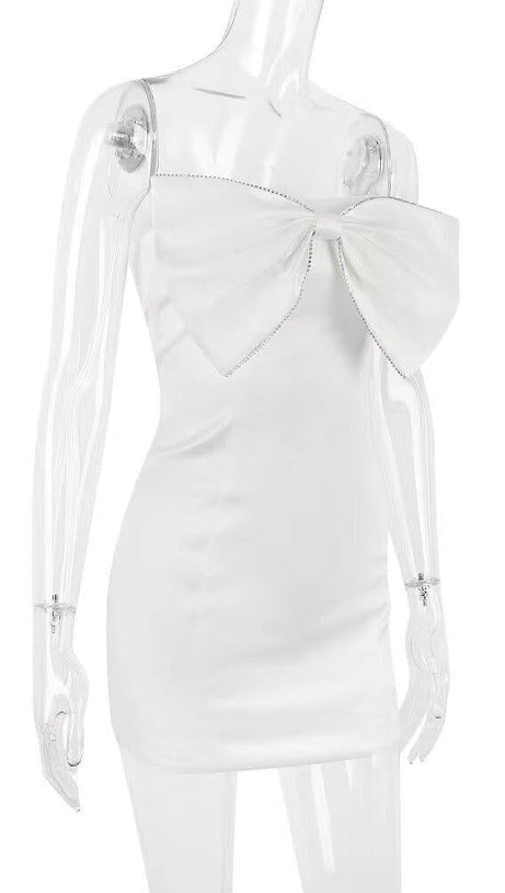 IVORY SATIN CRYSTAL EMBELLISHED BOW DRESS