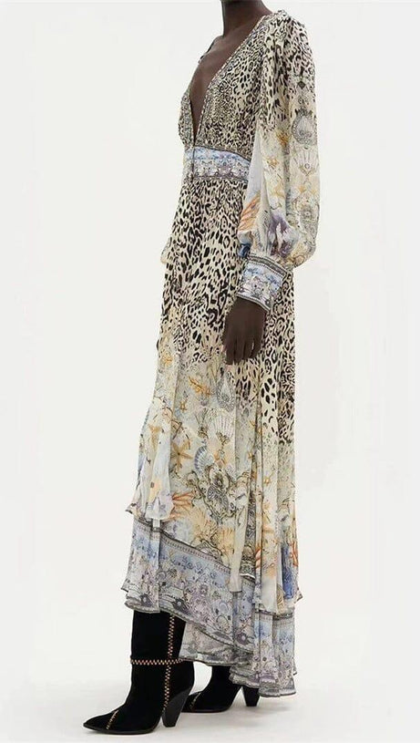 LONG SLEEVE DEEP V-NECK LEOPARD PATTERN WRAPPED WAIST MAXI DRESS