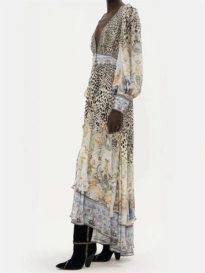 AIIZIE LONG SLEEVE DEEP V-NECK LEOPARD PATTERN WRAPPED WAIST MAXI DRESS - product image