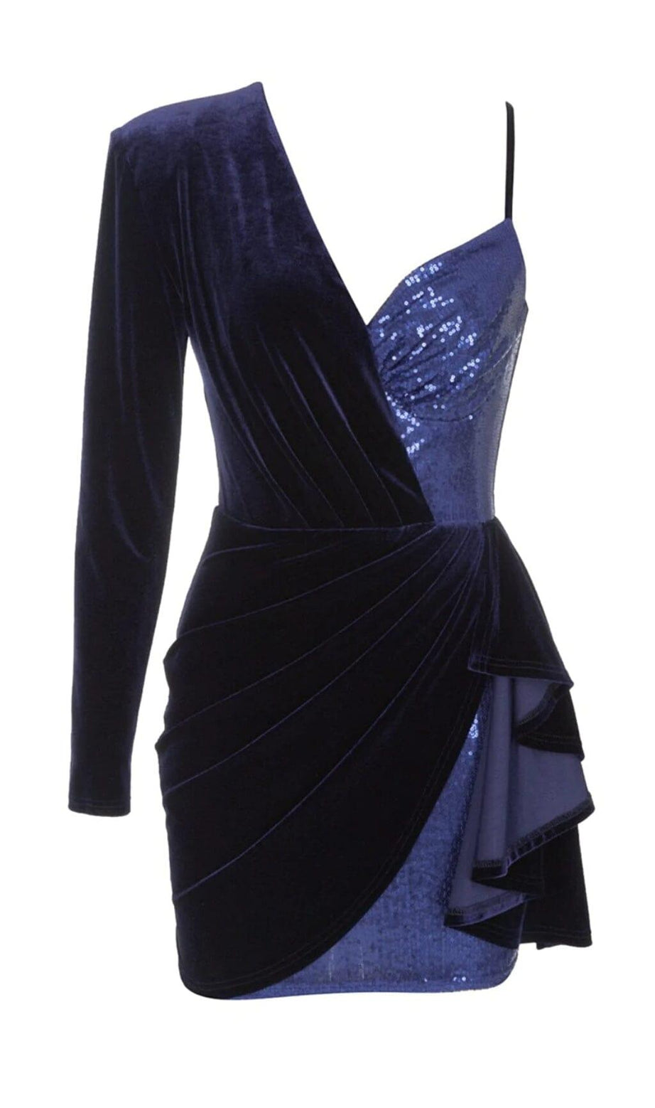 MINIKLEID AUS SAMT MIT PLISSEE UND PAILLETTEN IN MARINEBLAU