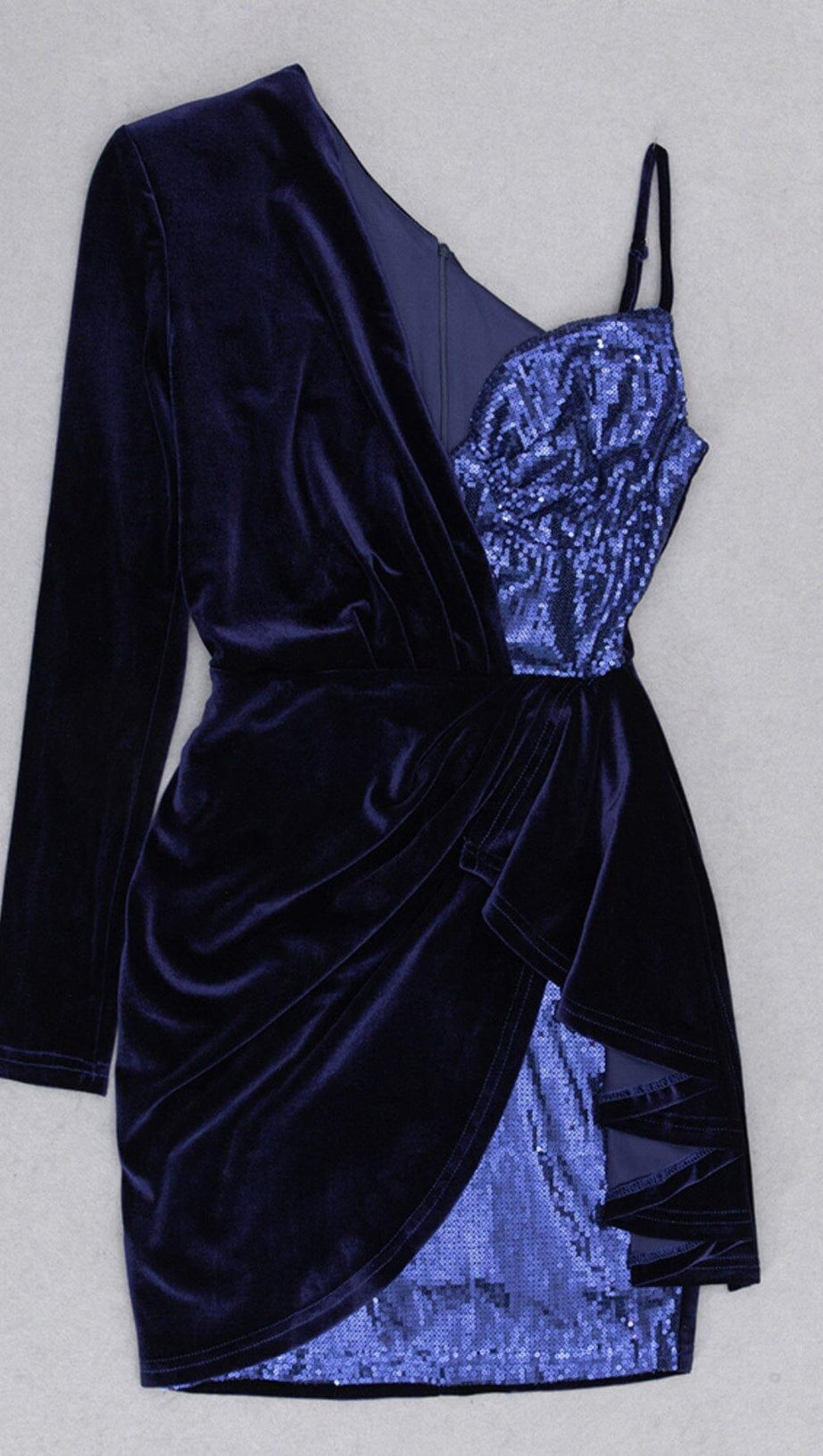 VELVET PLEATED SEQUINED MINI DRESS IN NAVY BLUE