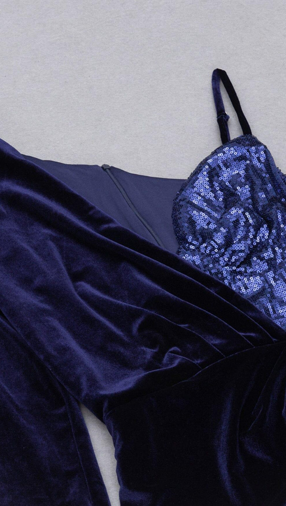 VELVET PLEATED SEQUINED MINI DRESS IN NAVY BLUE