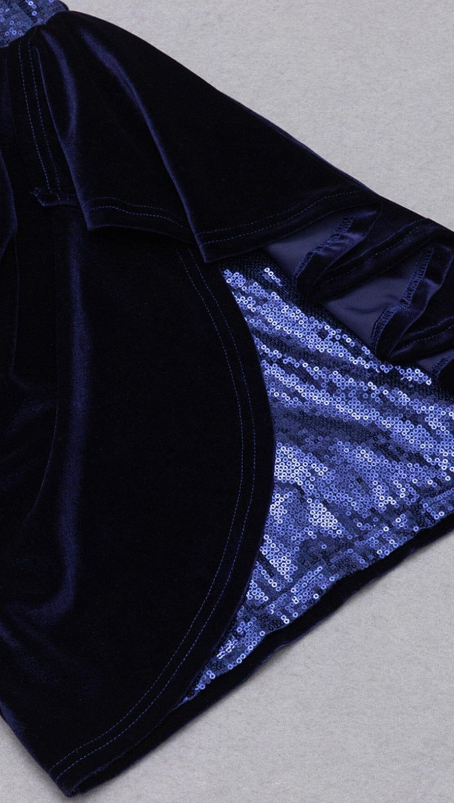 VELVET PLEATED SEQUINED MINI DRESS IN NAVY BLUE