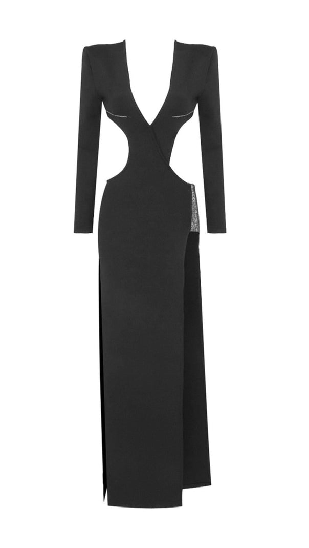 AIIZIE LONG SLEEVE CRYSTAL MAXI DRESS BLACK - product image