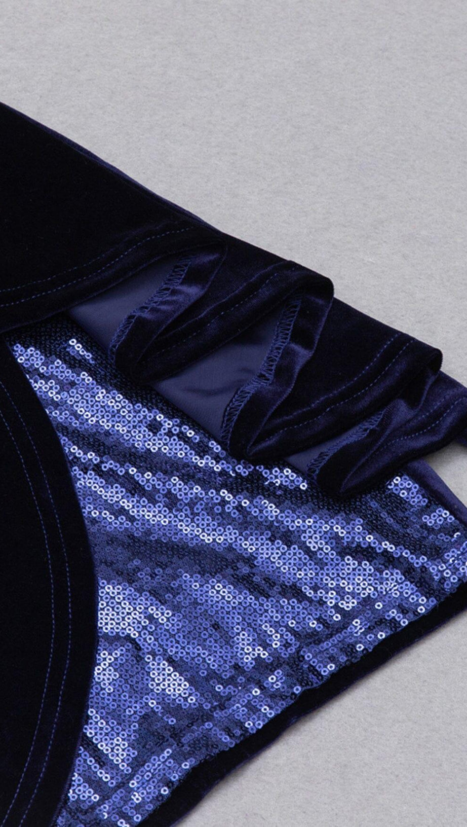 VELVET PLEATED SEQUINED MINI DRESS IN NAVY BLUE