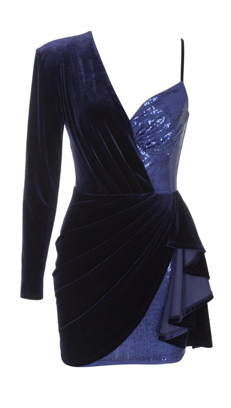 VELVET PLEATED SEQUINED MINI DRESS IN NAVY BLUE