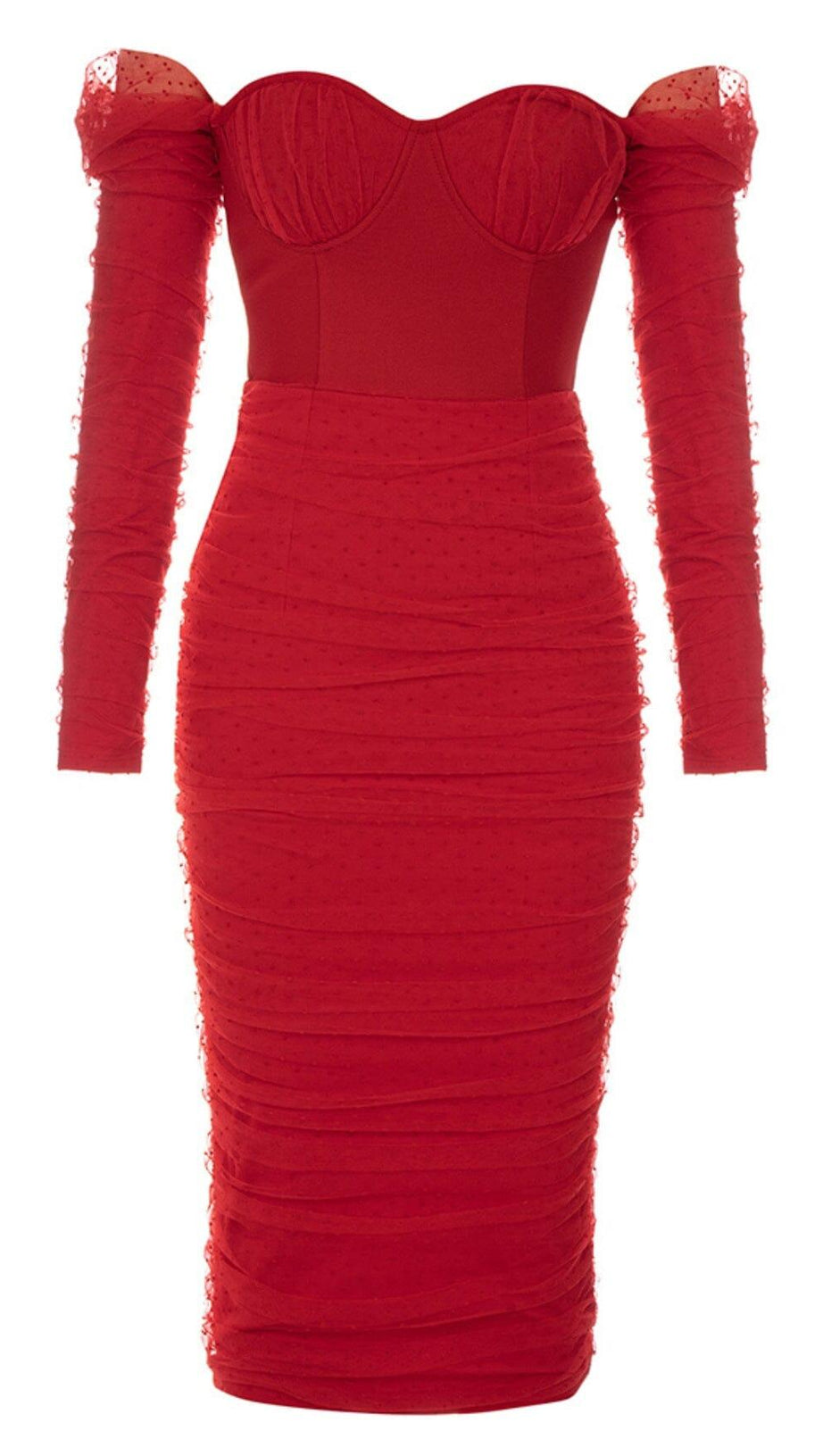 STRAPLESS STRAPLESS LACE MIDI DRESS IN RED