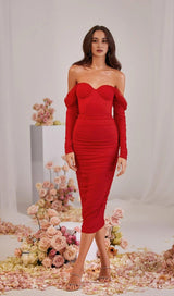 STRAPLESS STRAPLESS LACE MIDI DRESS IN RED