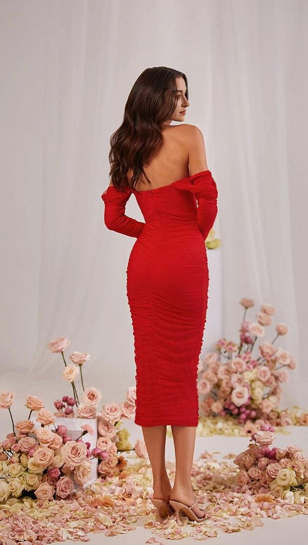 AIIZIE STRAPLESS STRAPLESS LACE MIDI DRESS IN RED - product image