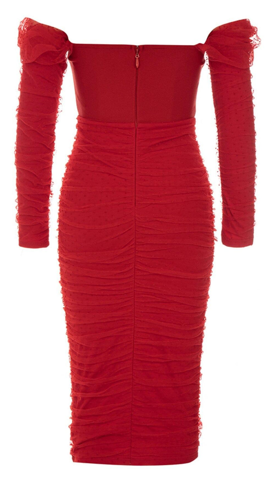 STRAPLESS STRAPLESS LACE MIDI DRESS IN RED