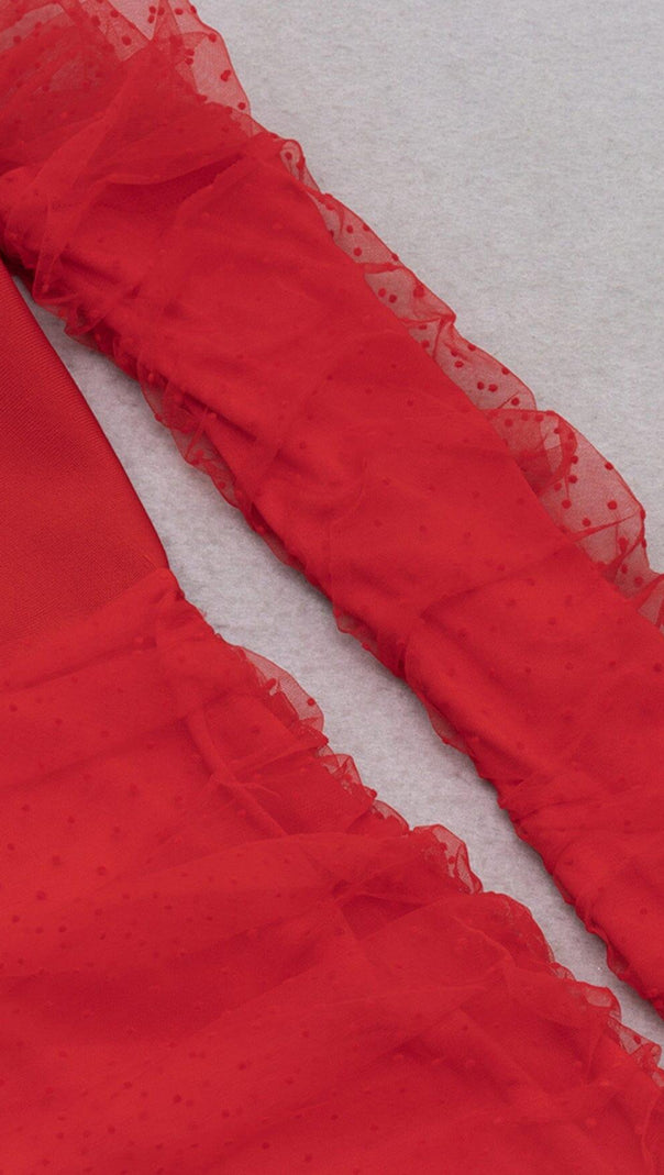 ABITO MIDI IN PIZZO SENZA SPALLINE ROSSO