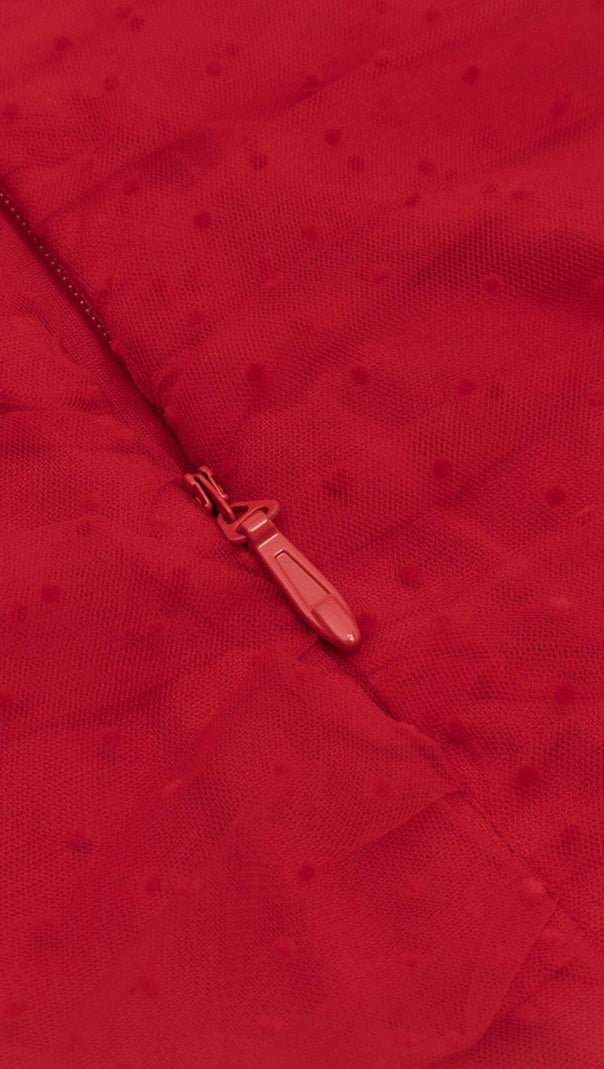 ABITO MIDI IN PIZZO SENZA SPALLINE ROSSO