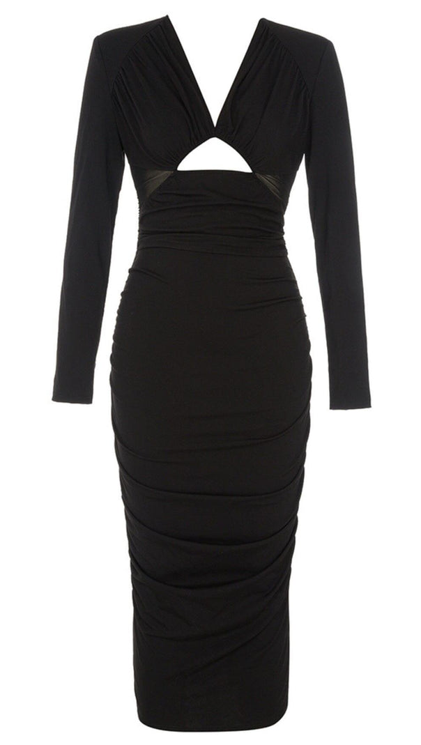 AIIZIE LONG SLEEVED V NECK PLEATED MIDI DRESS IN BLACK - product image