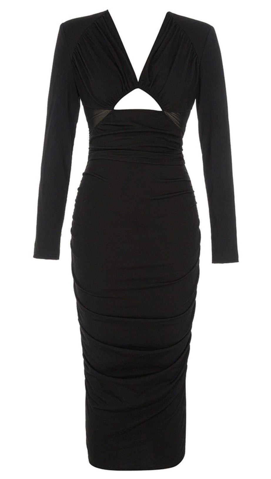 LONG SLEEVED V NECK PLEATED MIDI DRESS IN BLACK