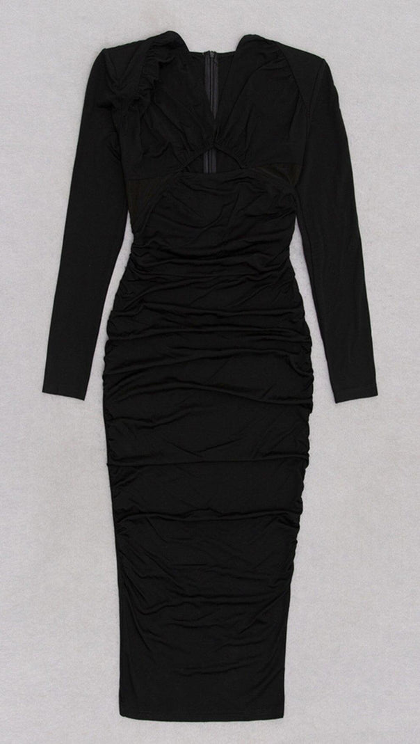 AIIZIE LONG SLEEVED V NECK PLEATED MIDI DRESS IN BLACK - product image