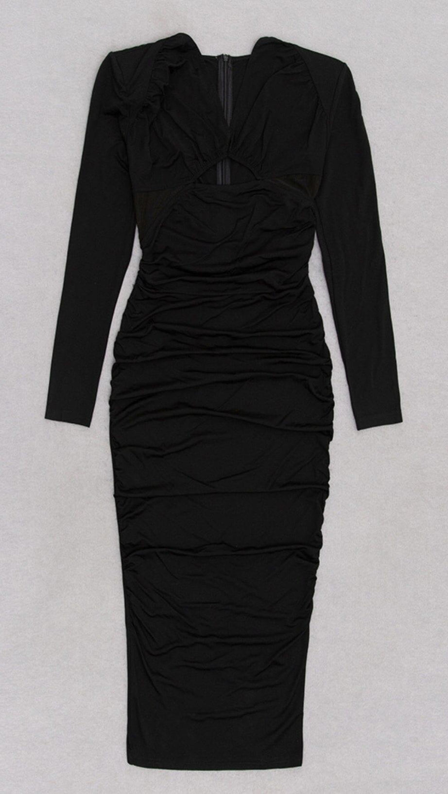 LONG SLEEVED V NECK PLEATED MIDI DRESS IN BLACK