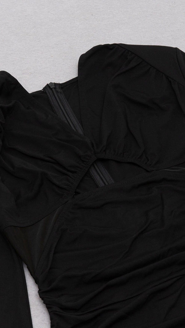 AIIZIE LONG SLEEVED V NECK PLEATED MIDI DRESS IN BLACK - product image