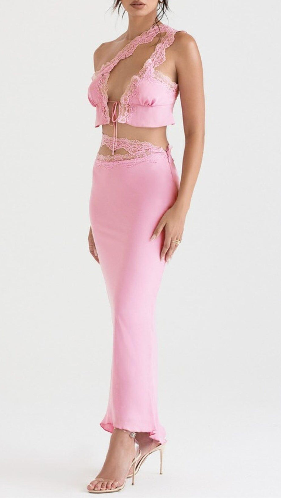 PINK LACE TRIM TWO PIECES SUIT