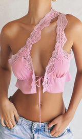 PINK LACE TRIM TWO PIECES SUIT