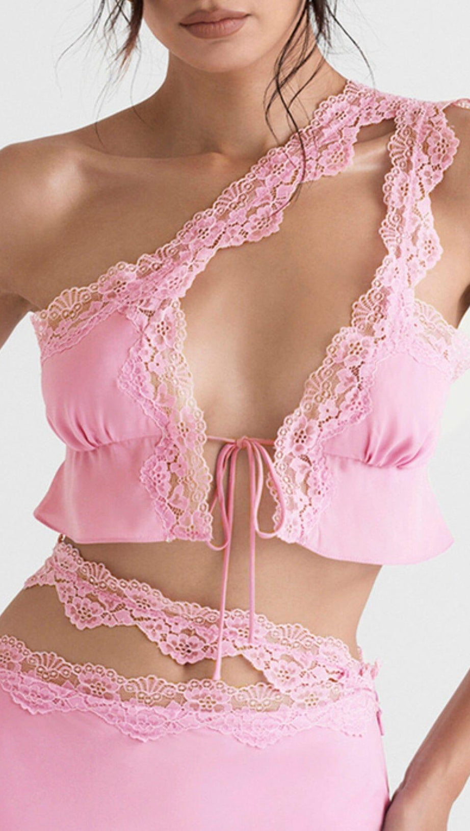 PINK LACE TRIM TWO PIECES SUIT