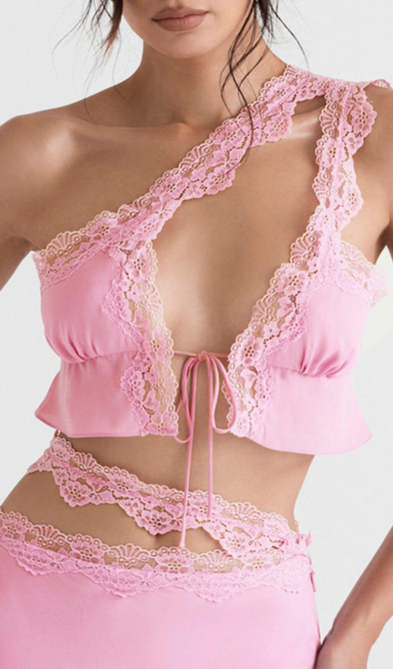 PINK LACE TRIM TWO PIECES SUIT