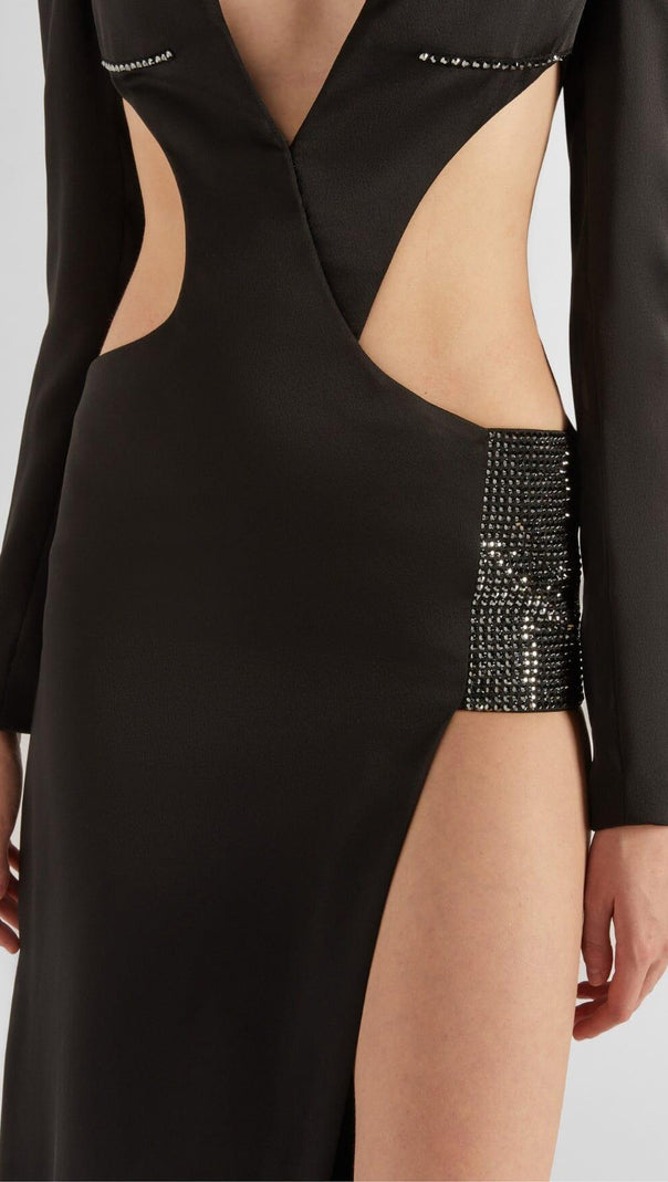 AIIZIE LONG SLEEVE CRYSTAL MAXI DRESS BLACK - product image