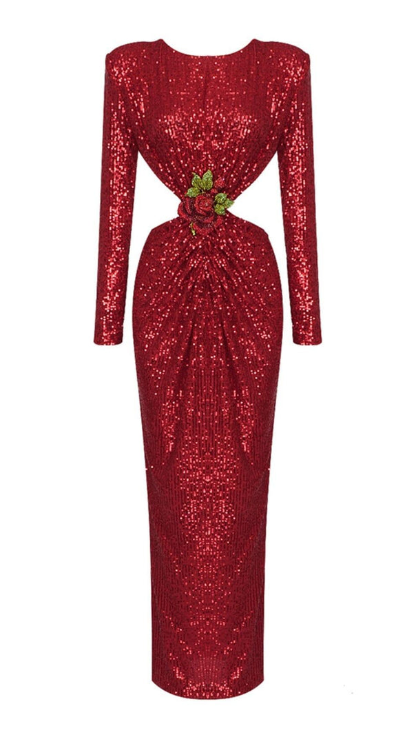 AIIZIE SEQUIN CUTOUT BACKLESS MAXI DRESS IN RED - product image