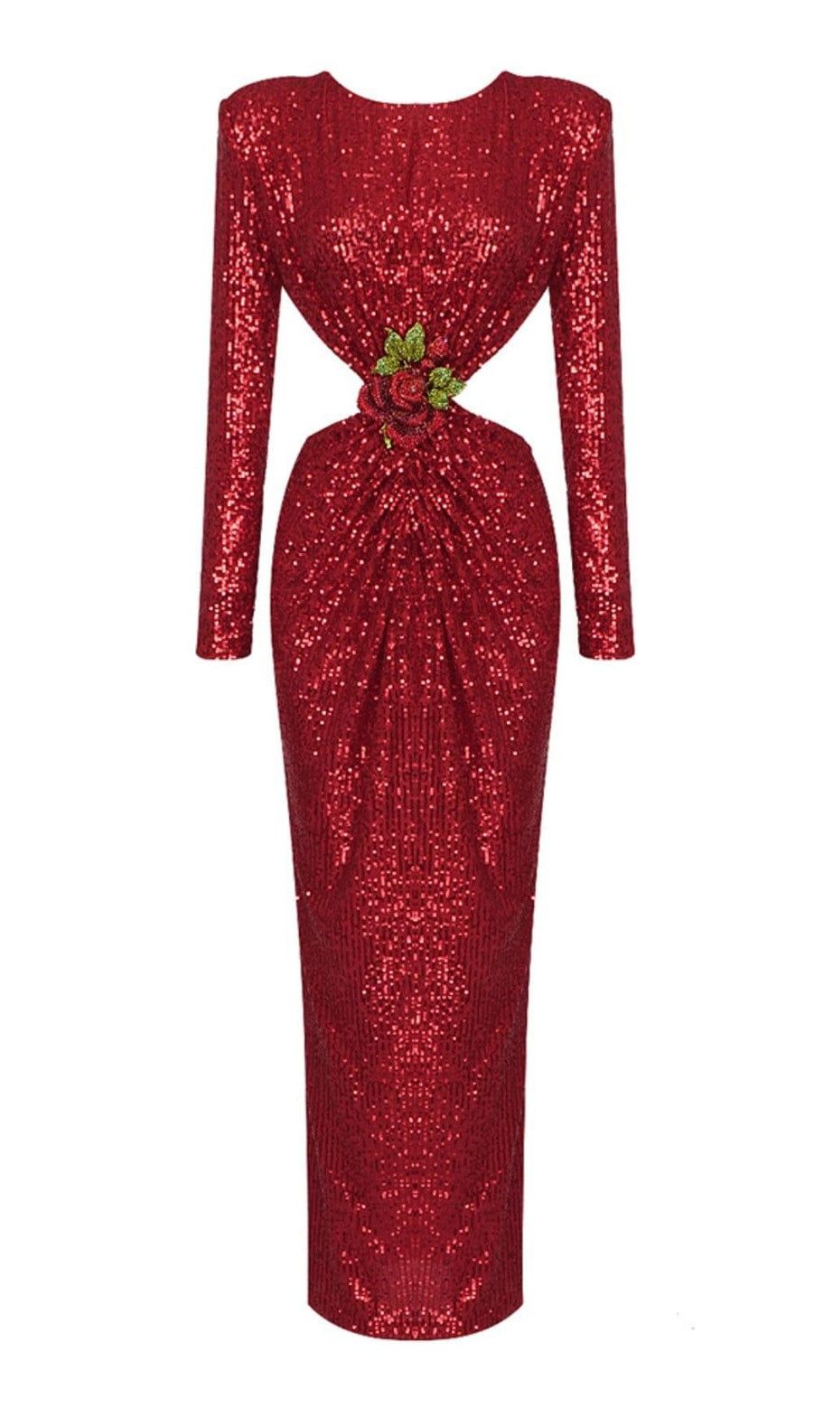 Rückenfreies Maxikleid mit Pailletten und Cut-outs in Rot
