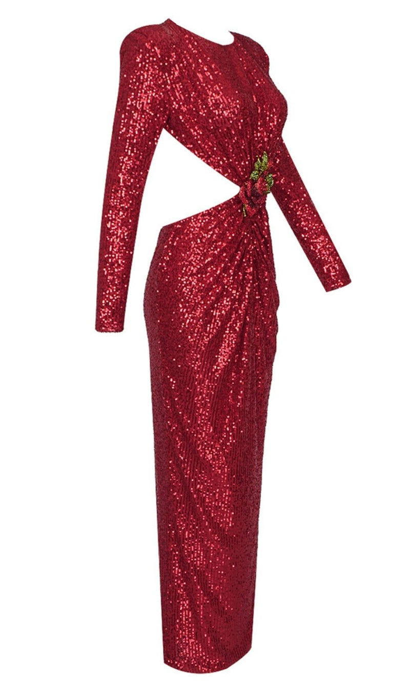 SEQUIN CUTOUT BACKLESS MAXI DRESS IN RED