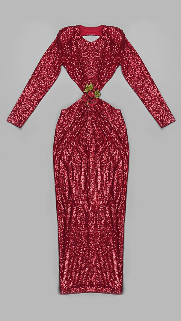 AIIZIE SEQUIN CUTOUT BACKLESS MAXI DRESS IN RED - product image