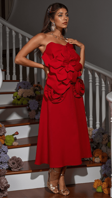 BAYARD STRAPLESS FLOWER TOP IN RED