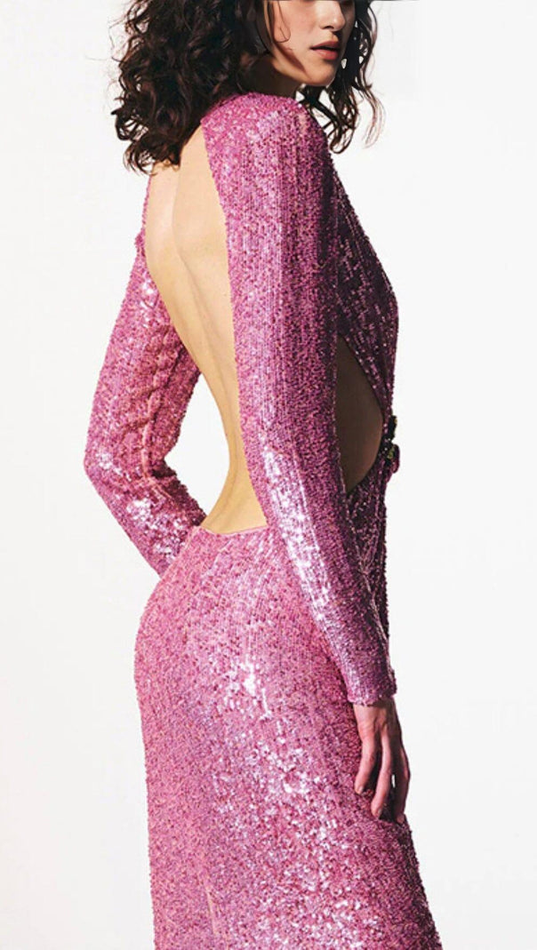AIIZIE SEQUIN CUTOUT BACKLESS MAXI DRESS IN PINK - product image