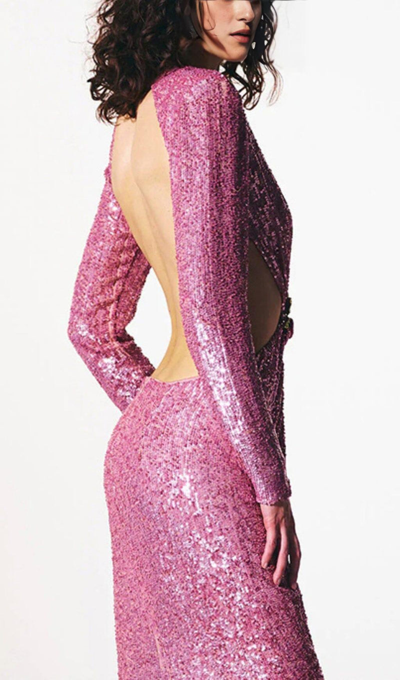 SEQUIN CUTOUT BACKLESS MAXI DRESS IN PINK