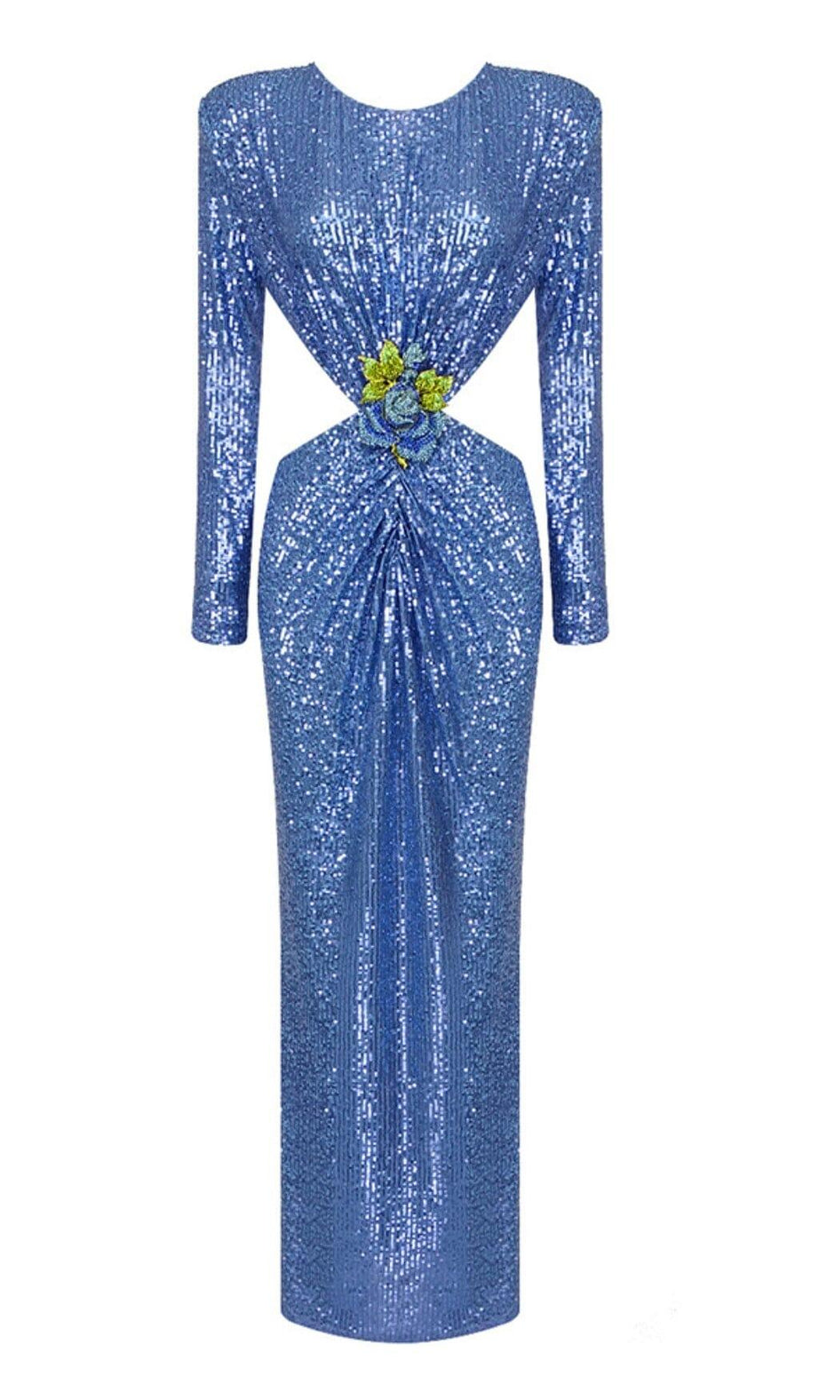 Rückenfreies Maxikleid mit Pailletten und Cut-outs in Blau