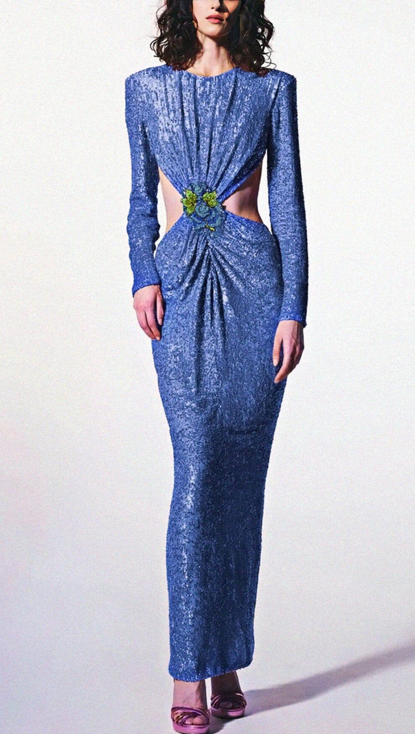 AIIZIE SEQUIN CUTOUT BACKLESS MAXI DRESS IN BLUE - product image
